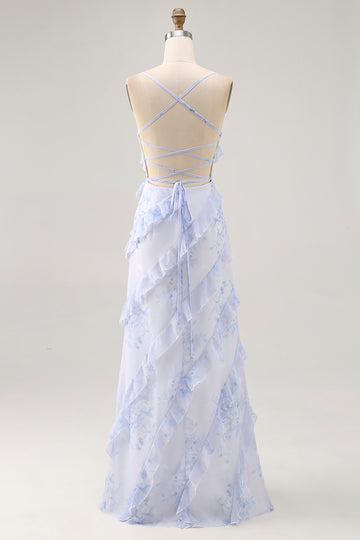 Blue Flower Spaghetti Straps Printed Wedding Guest Dress with Ruffles